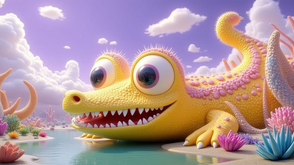Cute Yellow Crocodile with Feathers in Dreamlike Scene