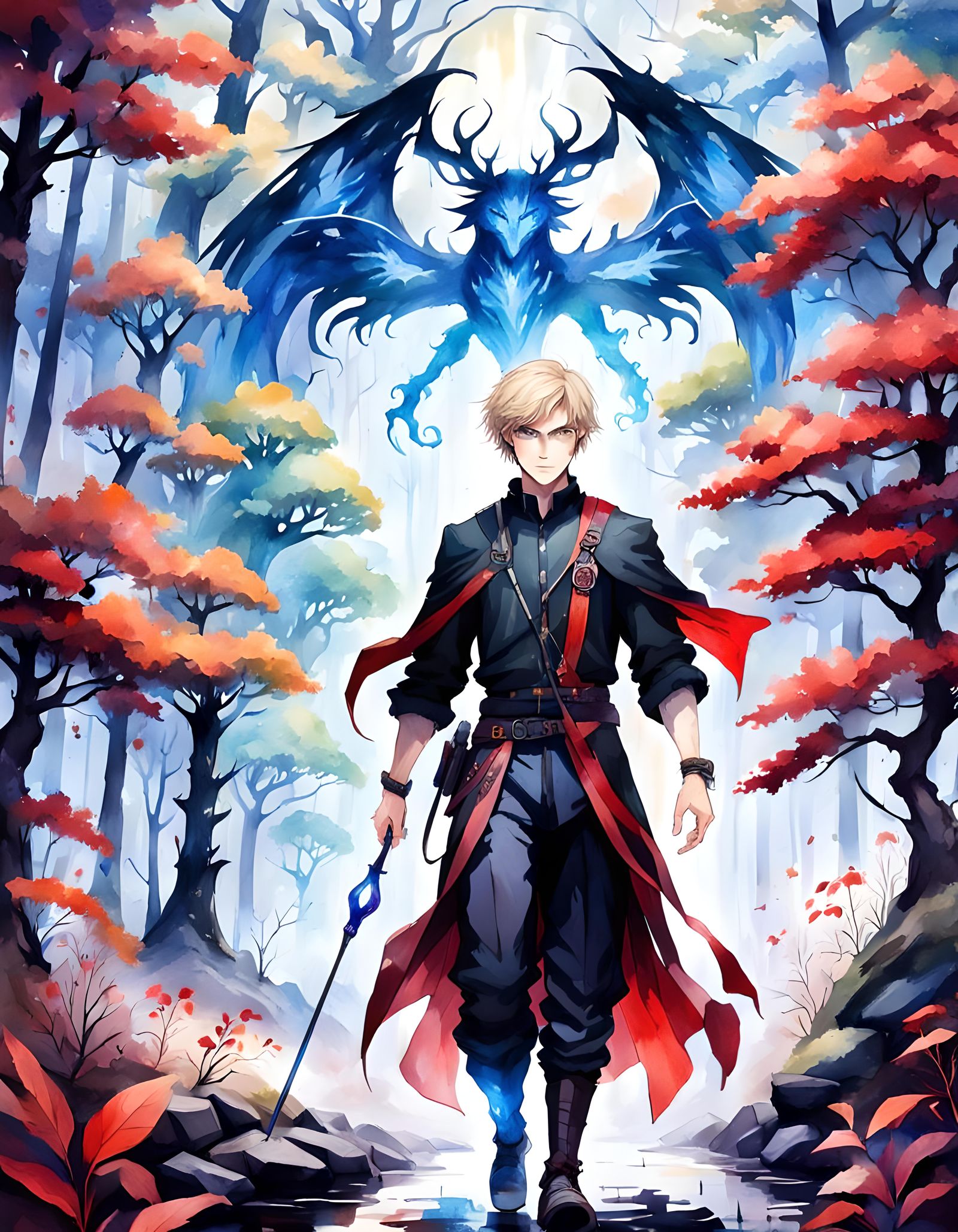 Watercolor Portrait of a Blond Boy in Magical Forest