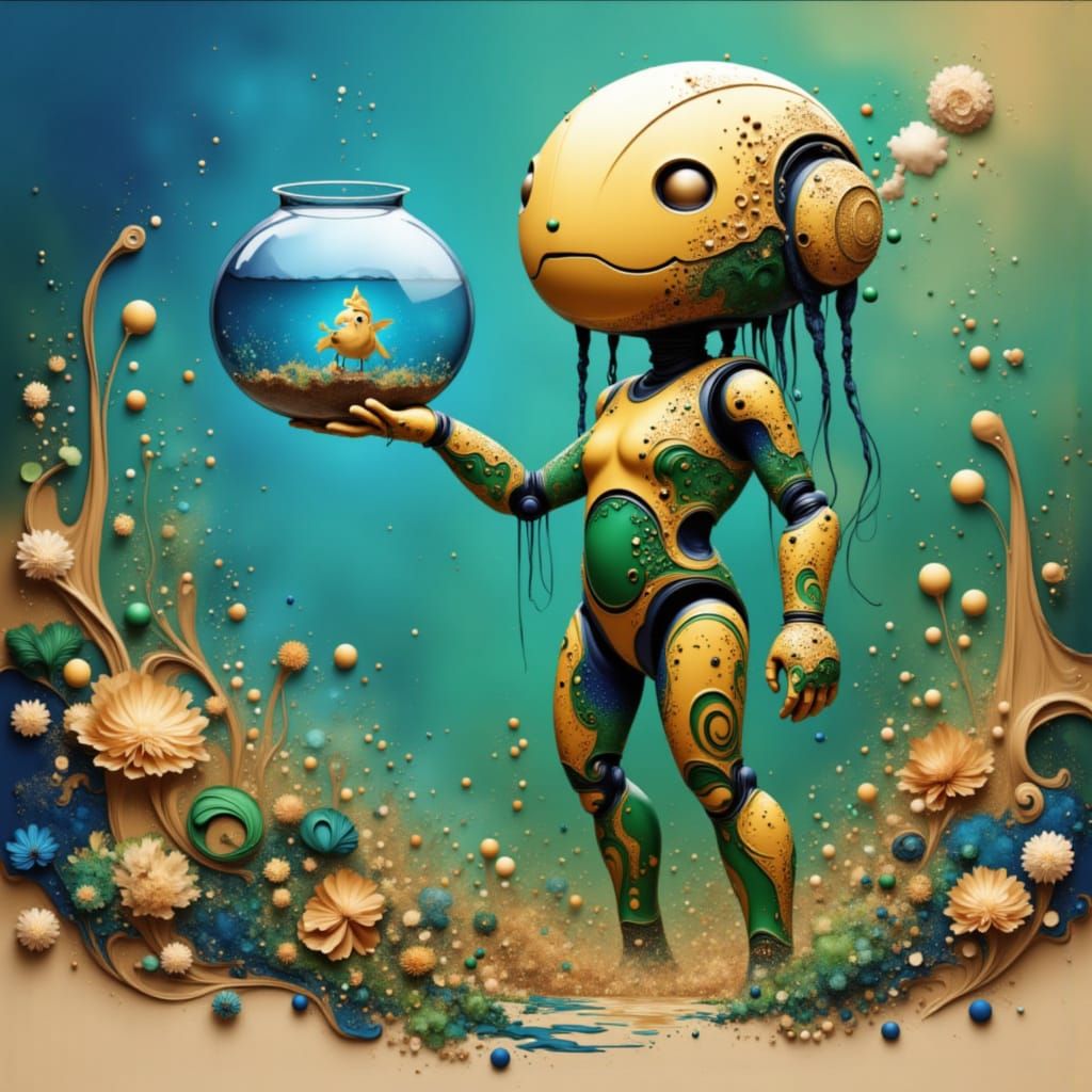 Cute Robot Holding a Fishbowl