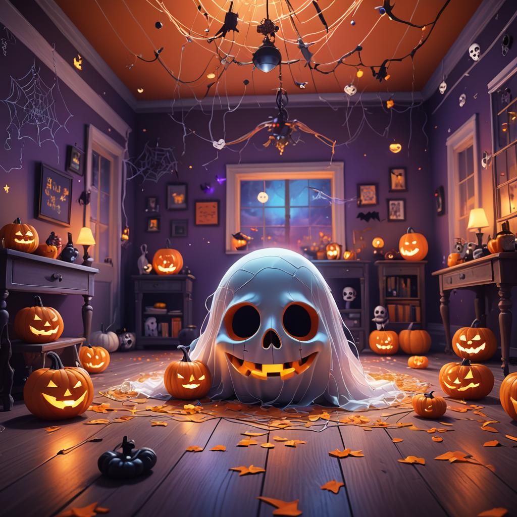 Cute Ghost and Skull in Halloween Room, Pixar Style