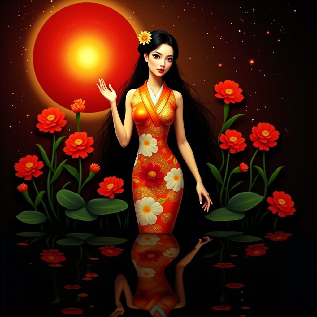 Geisha Portrait with Mirrored Reflection in Hyperrealism