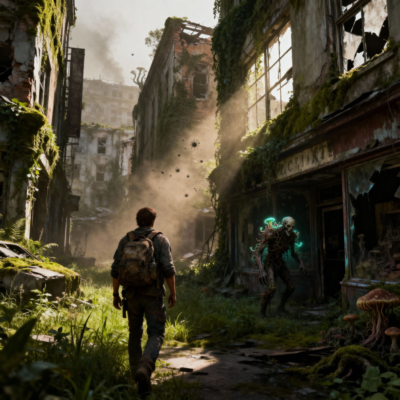 Post-Apocalyptic Survivor in Nature-Reclaimed City