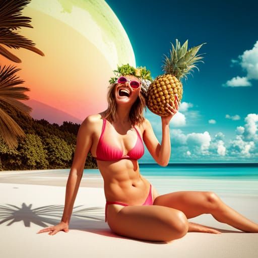 Laughing Woman with Pineapple in Detailed Matte Painting