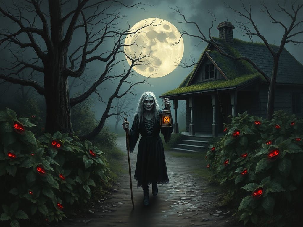 Ethereal Woman in Gothic Attire Surrounded by Red Eyes