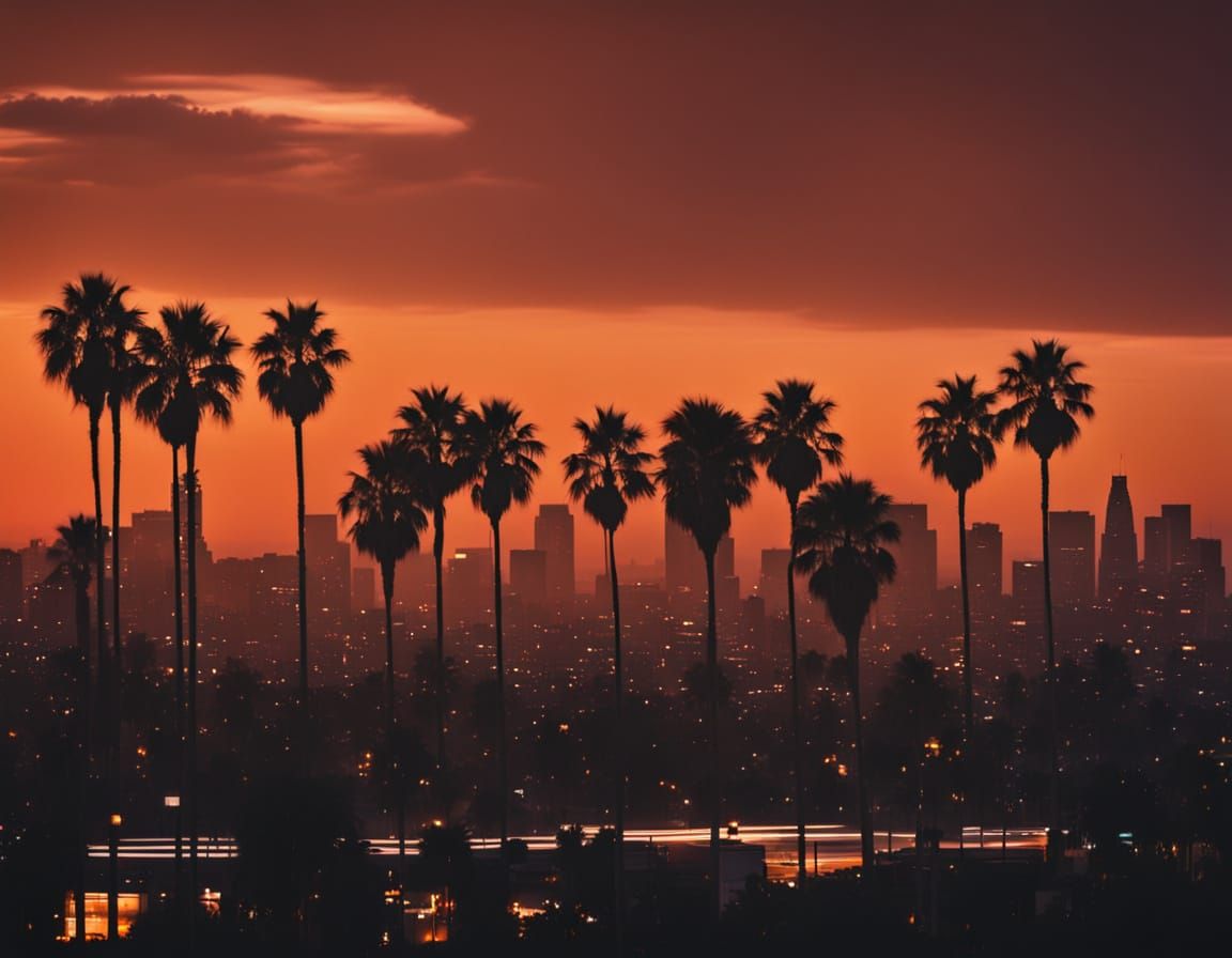 Los Angeles Skyline at Sunset with Palm Tree Silhouettes