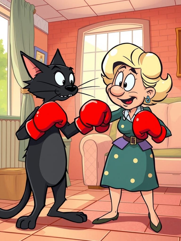 Mischievous Cat Punches Bouffant Lady in a Sunny Cartoon Sce...