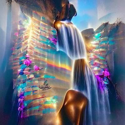 Iridescent Waterfall in Surreal Holographic Airbrush Art
