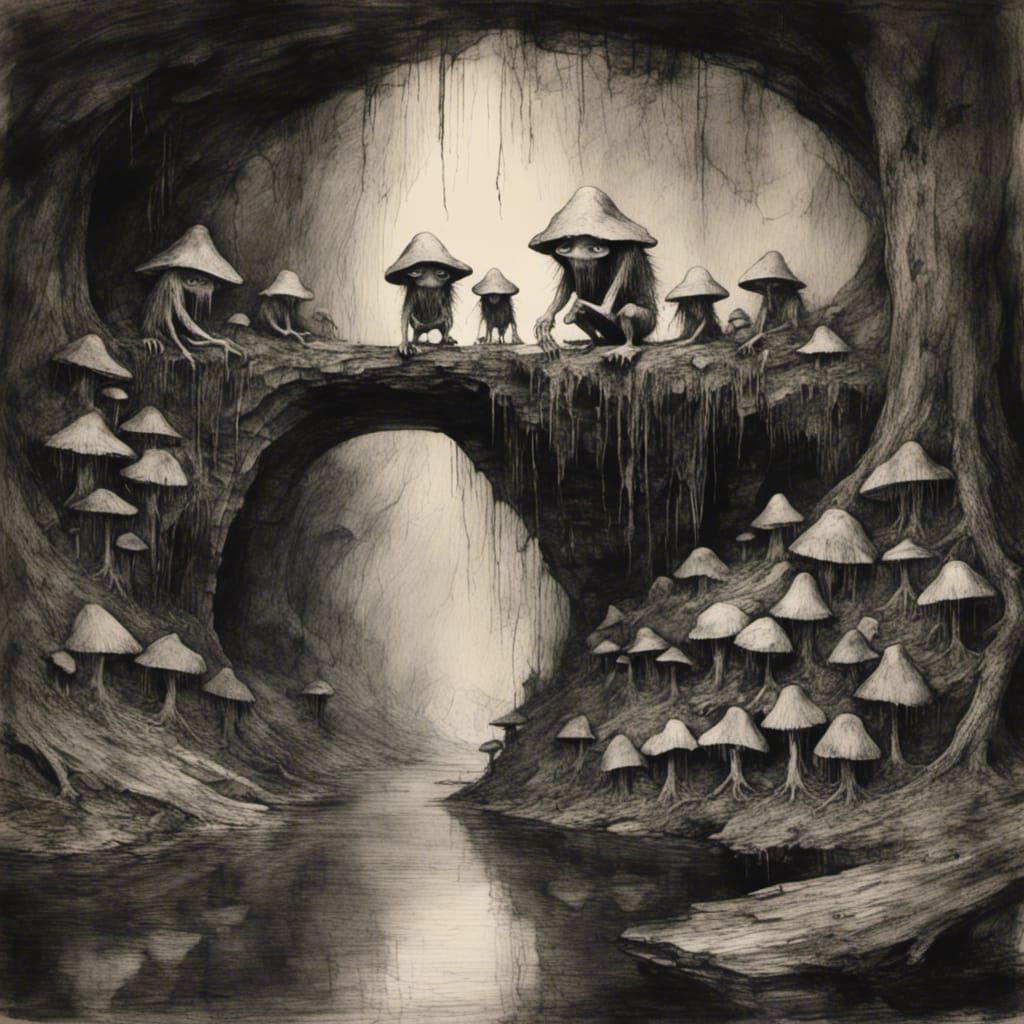 Trolls with Mushroom Hats in Dark Forest