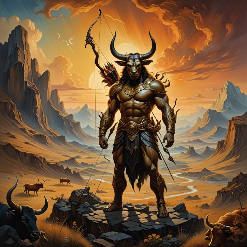 Muscular Bull-Human Warrior in a Dreamlike Landscape