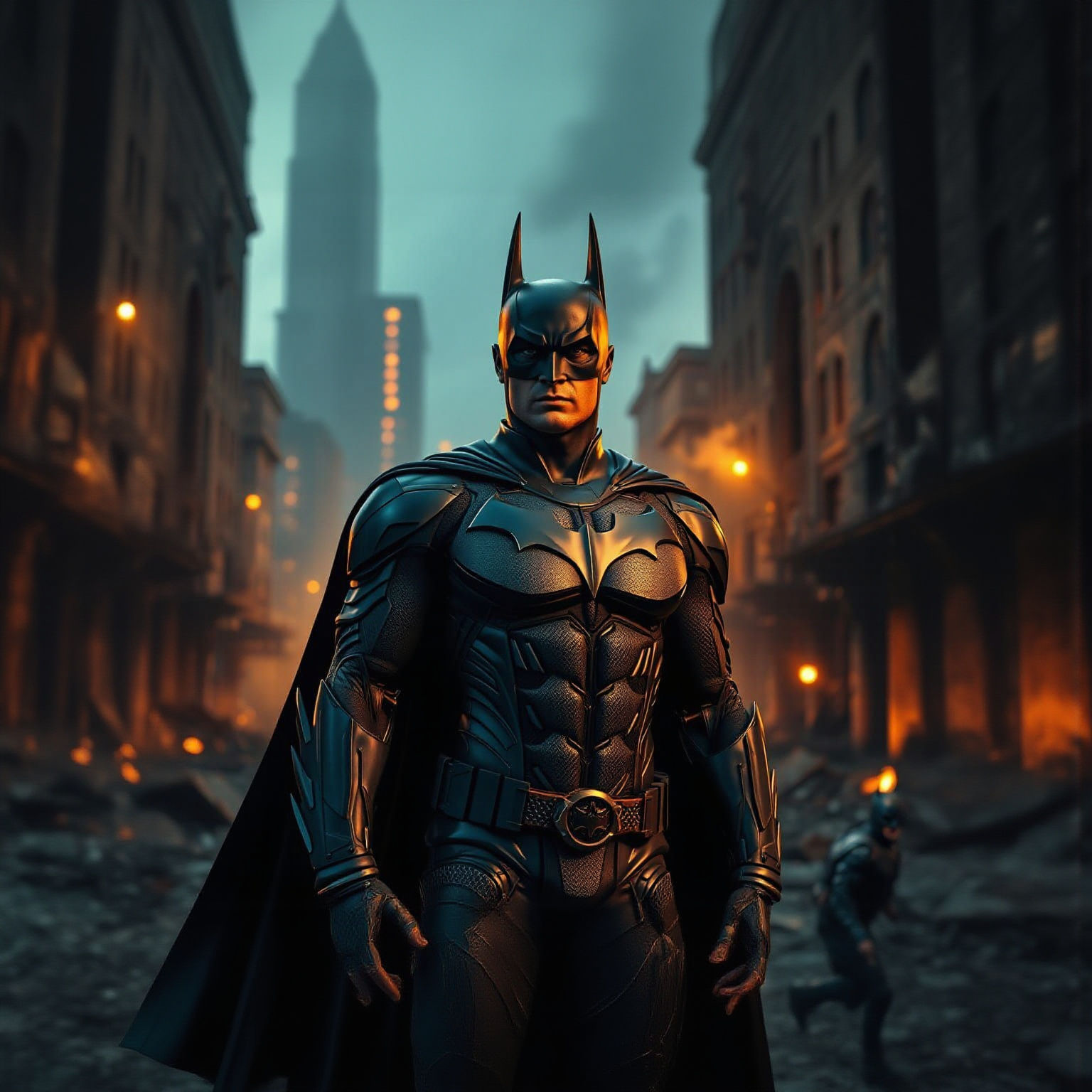 Hyperrealistic Batman in Cinematic City Ruins