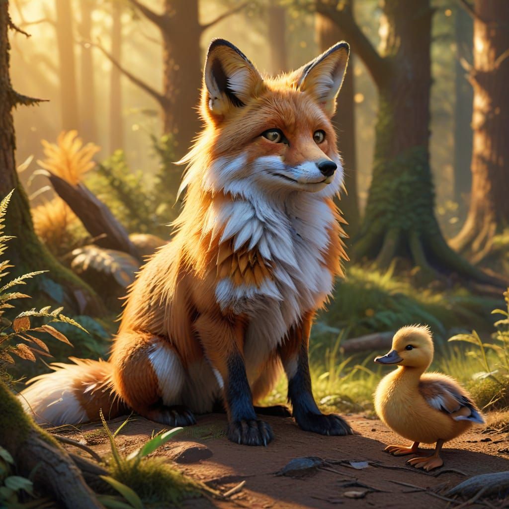 A Fox, with a duck, sitting in front of him, inspired by the...