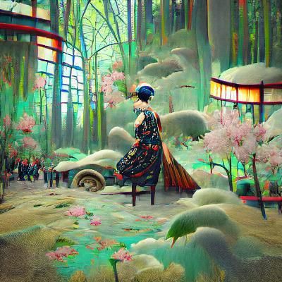 Geisha in Spring Forest: Art Deco Anime Illustration