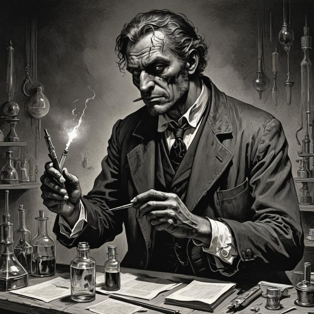 Crime Noir Scientist with Syringe in Horror Style