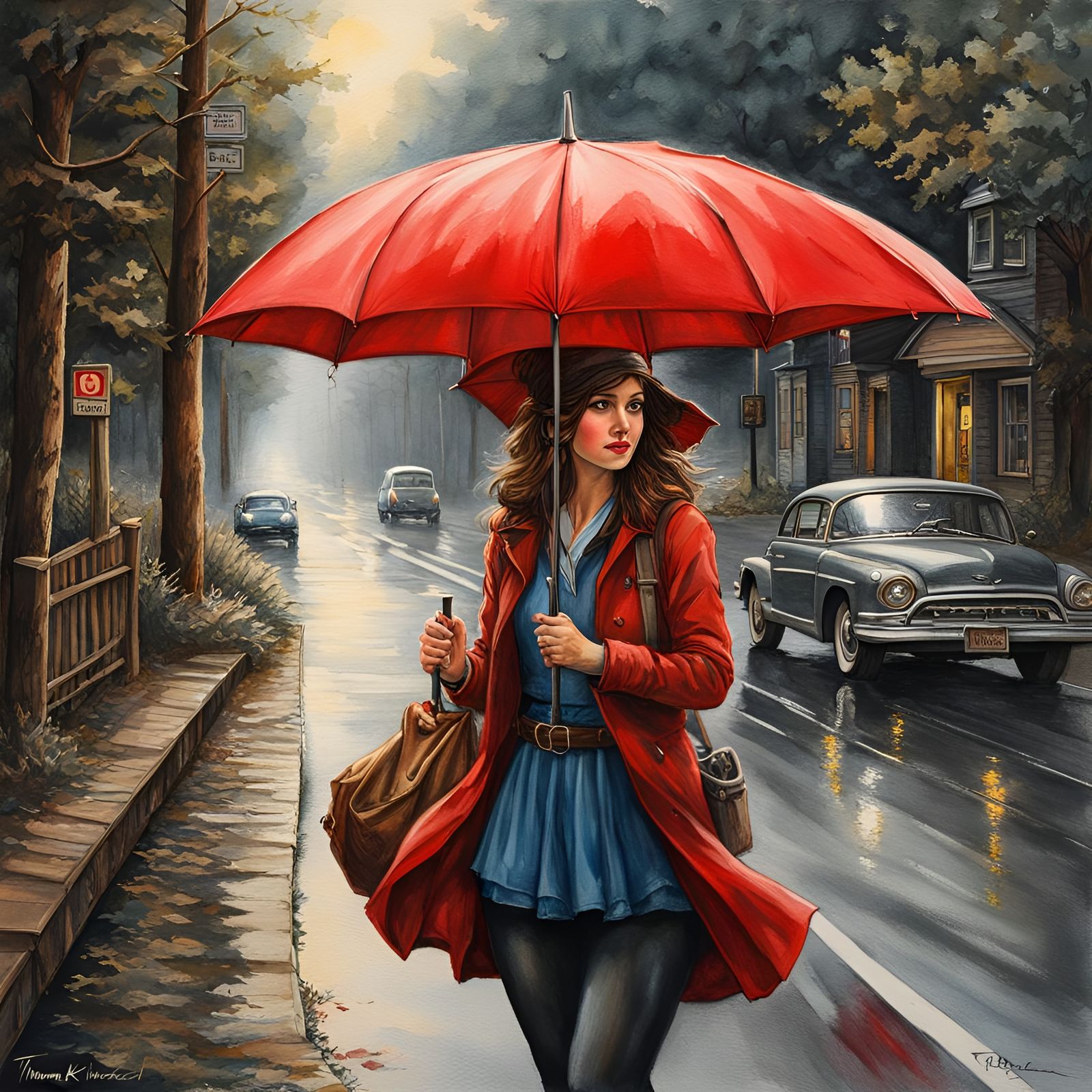 Stunning Hitchhiker with Red Umbrella Watercolor