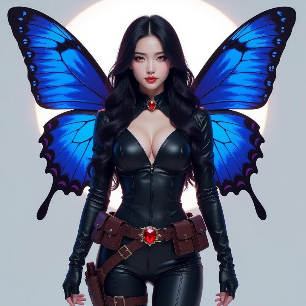 Fantasy Woman with Butterfly Wings in Leather Catsuit