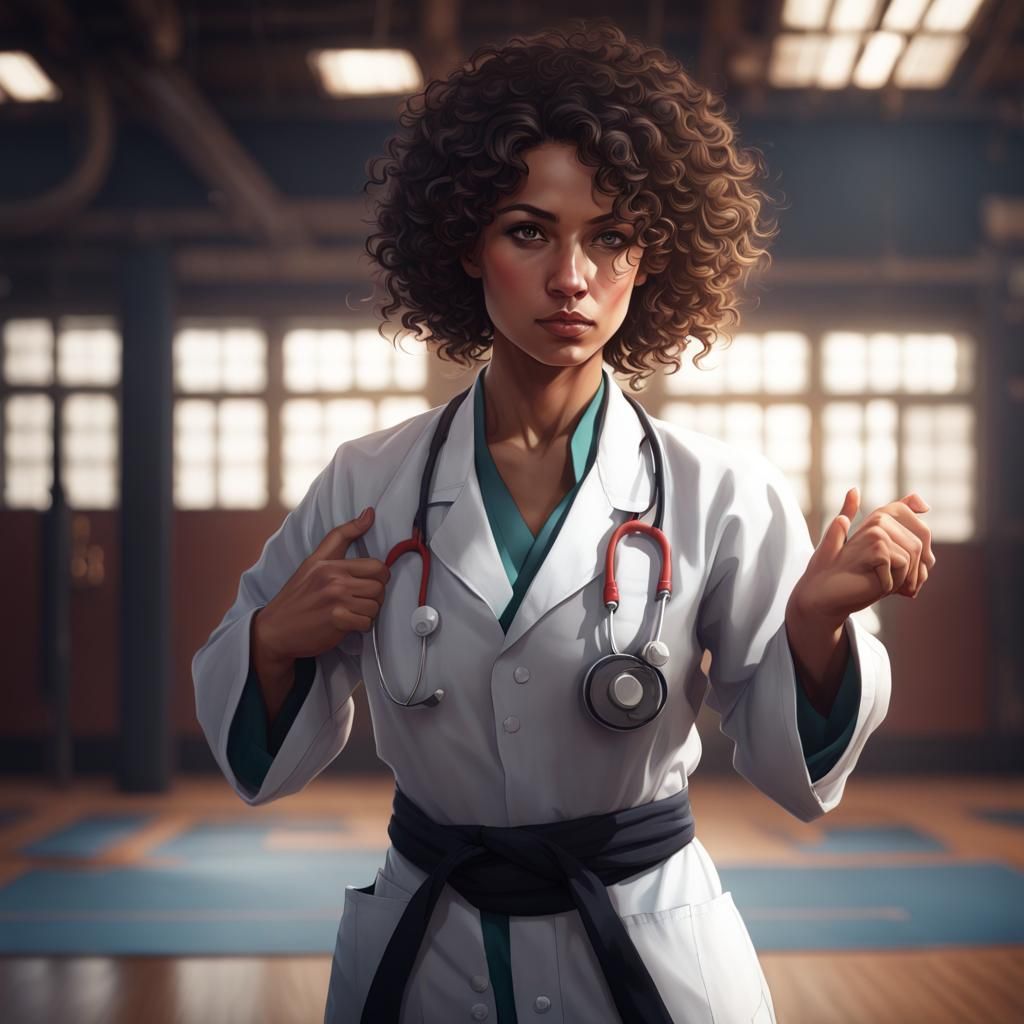 Hispanic Physician in Dojo, Art Nouveau Portrait