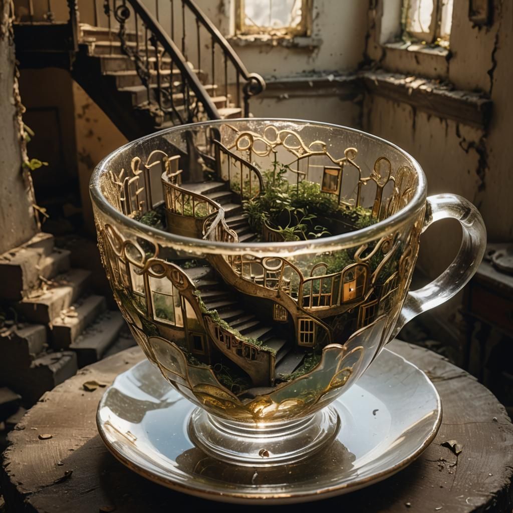 Surreal Staircases Spiral Inside Glass Teacup
