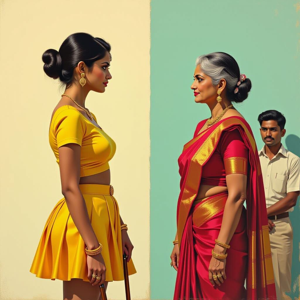 Indian Women in Vivid Sari and Miniskirt Confrontation