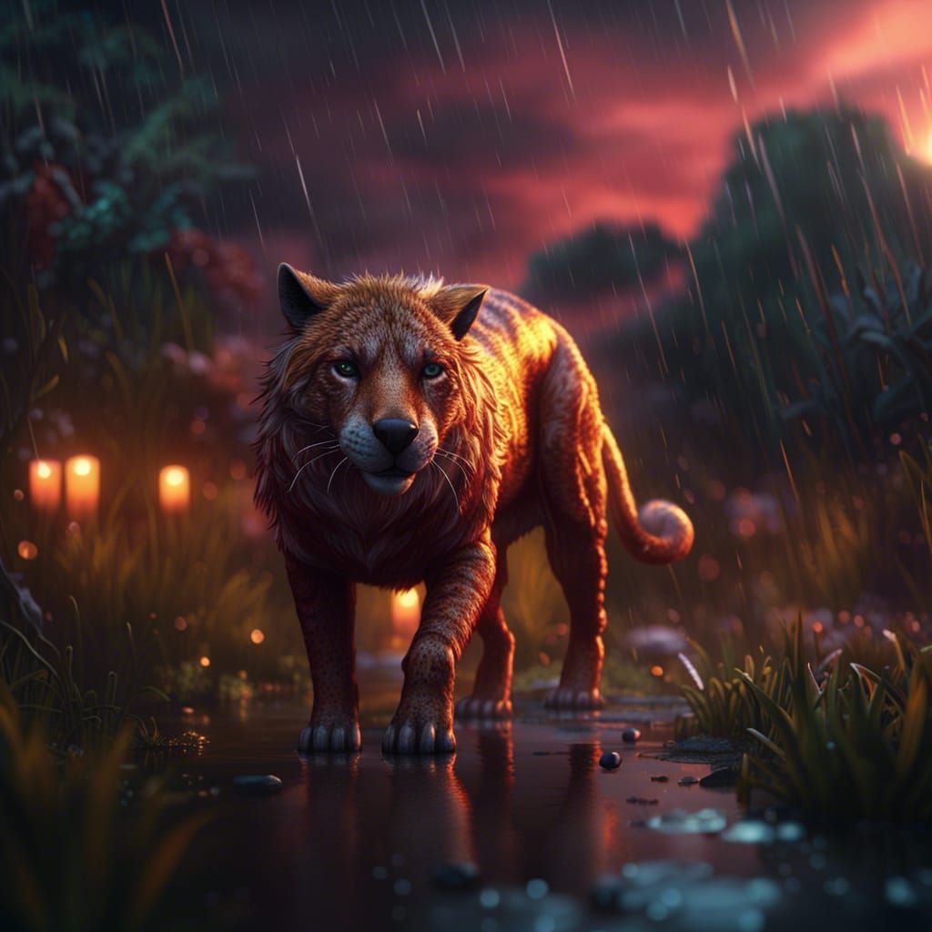 Fantasy Thylacine in Glittering Rainstorm Sunset
