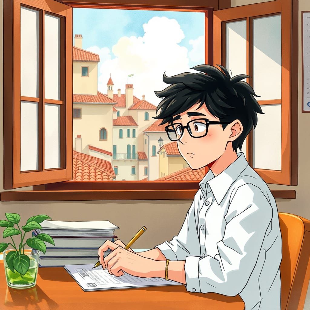 Italian Student Sweating During University Exam, Anime Style