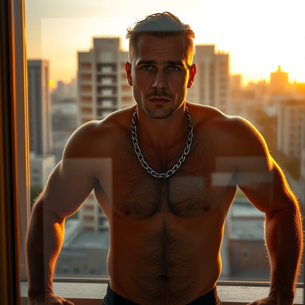 Muscular Man in Apartment Window at Sunset