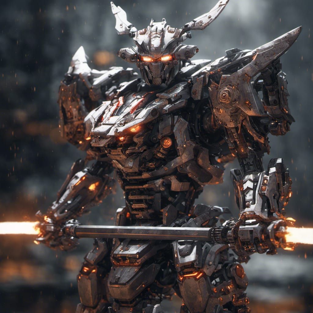 Futuristic Samurai Mecha Warrior with Flaming Weapon