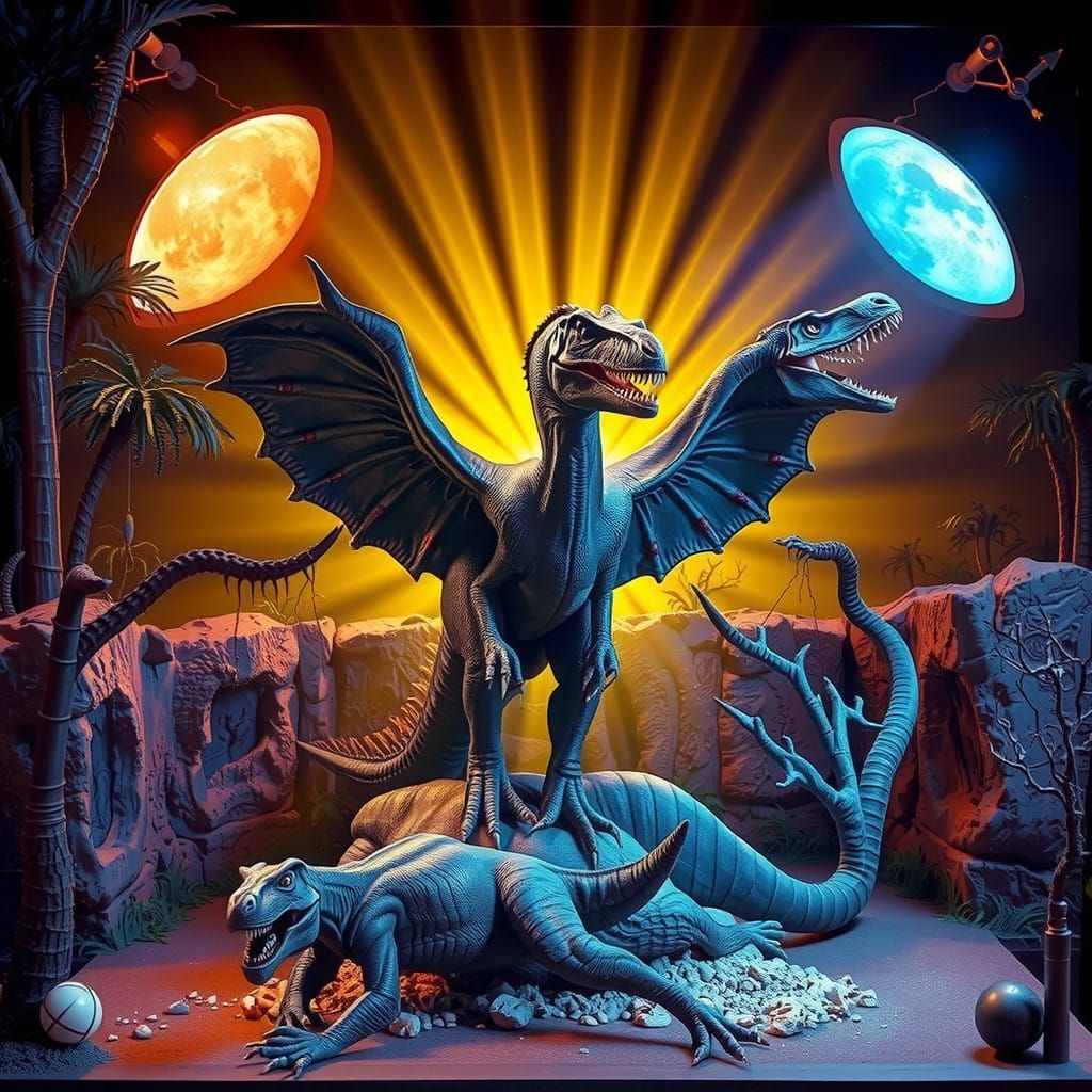 Dramatic Prehistoric Predator Ambush in Moonlit, Sunlit Dior...
