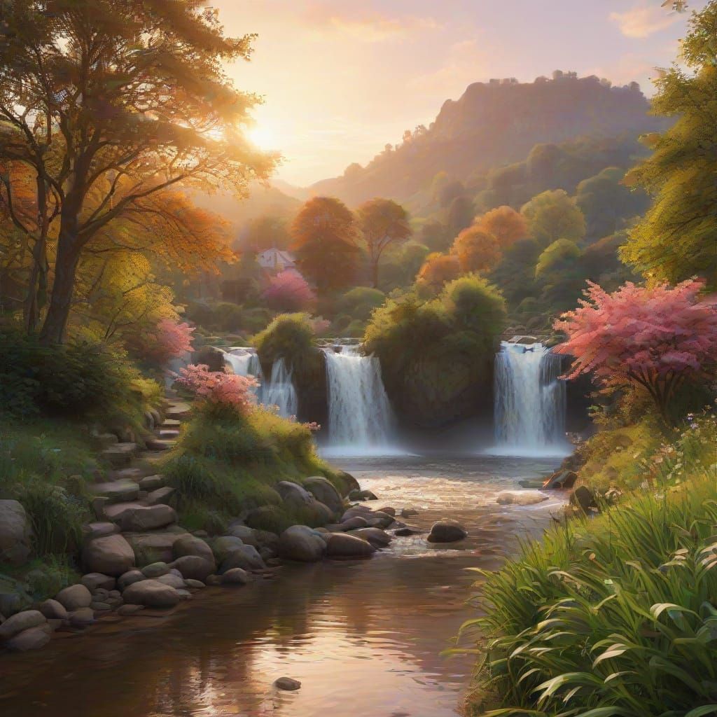 Idyllic Sunset Village under a Vibrant Impressionist Sky