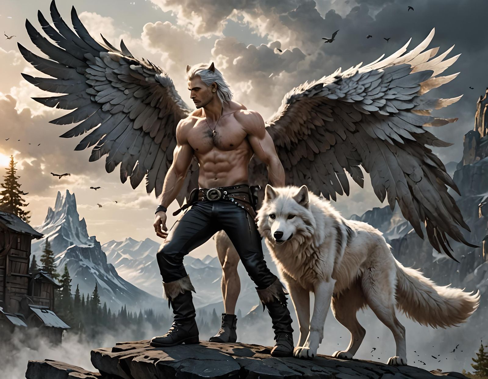 a shirtless man with black leather pants and boots spreads h...