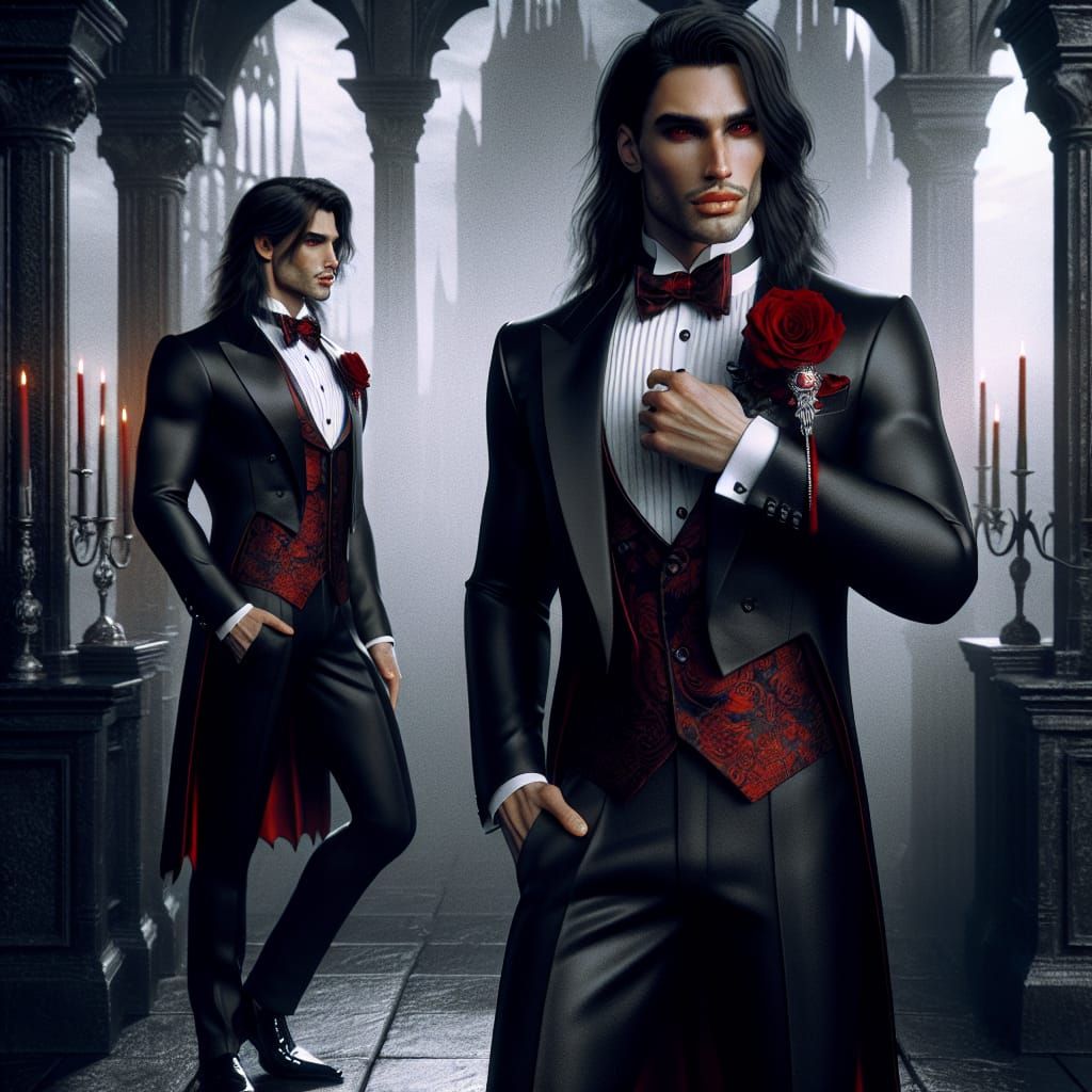 a photorealistic dark handsome young male vampire with long ...