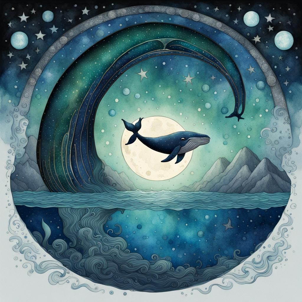Whale in Starry Sea: Liquid Ink Watercolor Art