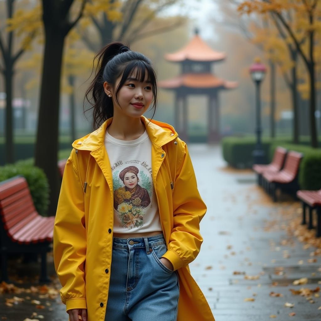 Young Asian Woman in Yellow Raincoat on Autumn Street