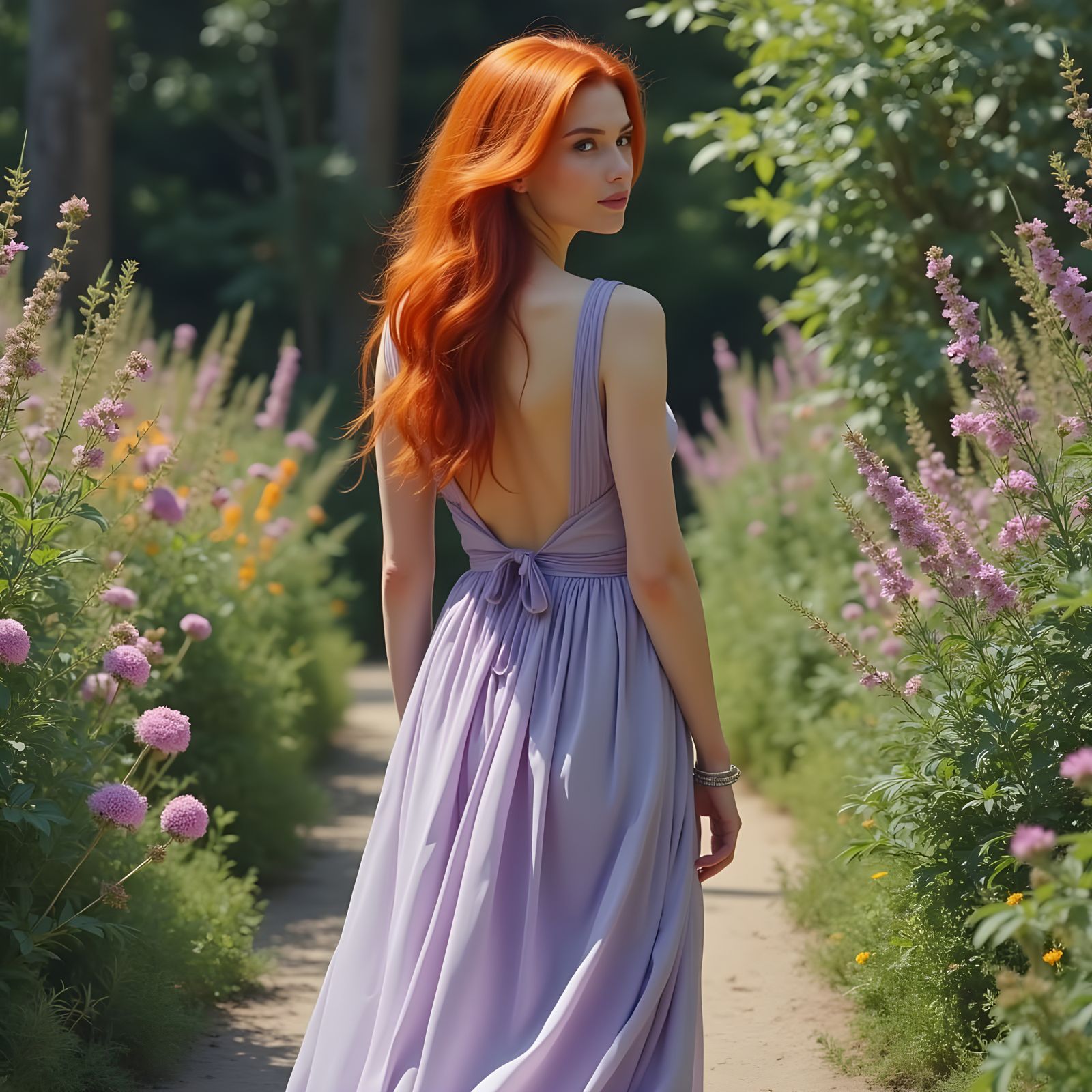 Red-Haired Woman in Sunlit Garden, Dutch Painting Style