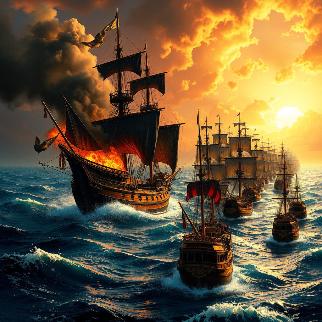 Burning Pirate Ship Chased by Royal Navy Armada