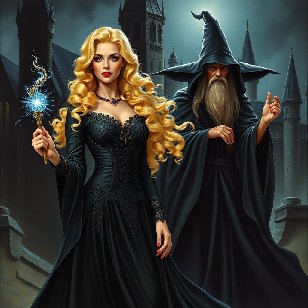 Enchantress in Dark Fantasy Attire with Magic Wand