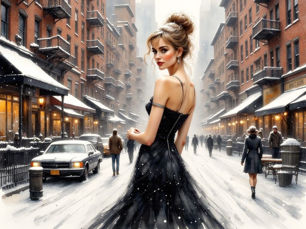 Elegant Woman in Snowy Manhattan, Hyperreal Ink Art