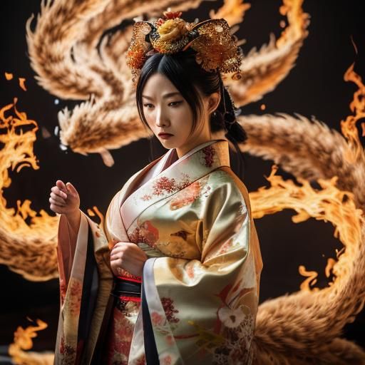 Kitsune Woman Casting Flames, Hyperrealistic Splash Art