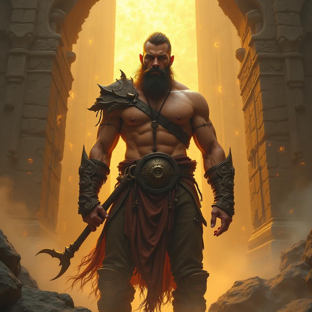 Heroic Bearded Warrior in Earthy Fantasy Landscape