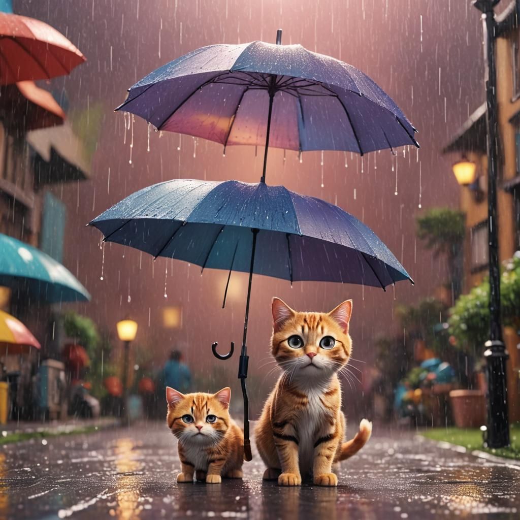 Sad Cat Under Umbrella in Pixar Style