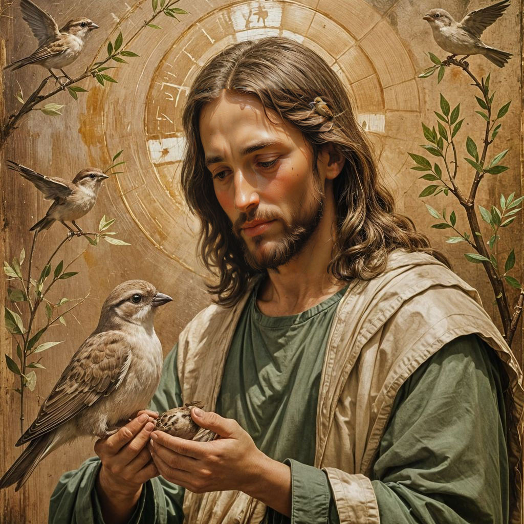 Jesus Tenderly Holds a Sparrow in a Heartwarming Scene