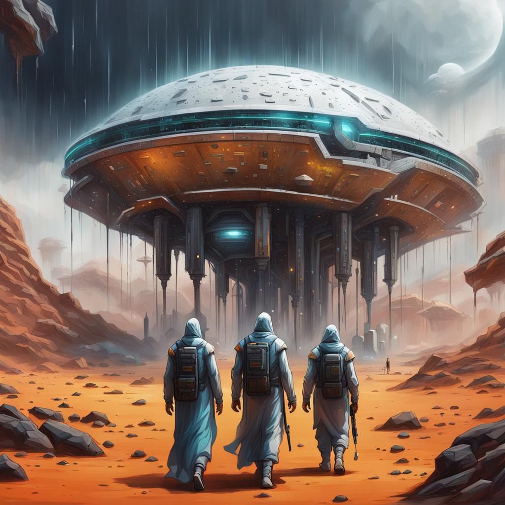 Futuristic Arab Adventurers on Lush Planet in Rain