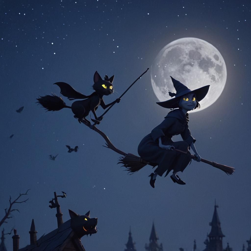 A 3D render of a cartoon-style medium shot of an extremely caricatured witch with a pointed chin and sharp nose. She is ...