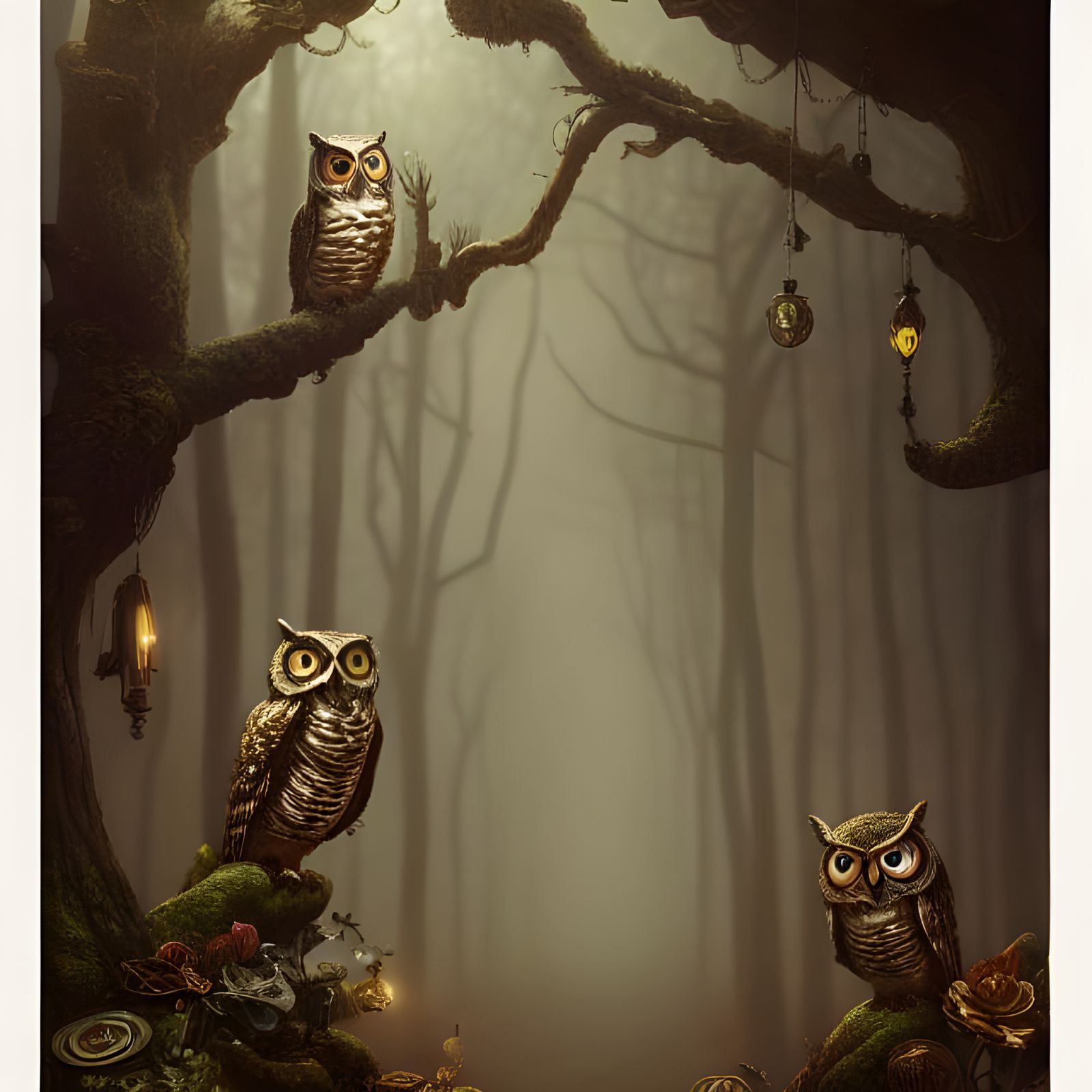 Elaborate Steampunk Owl Forest in Digital Painting Style