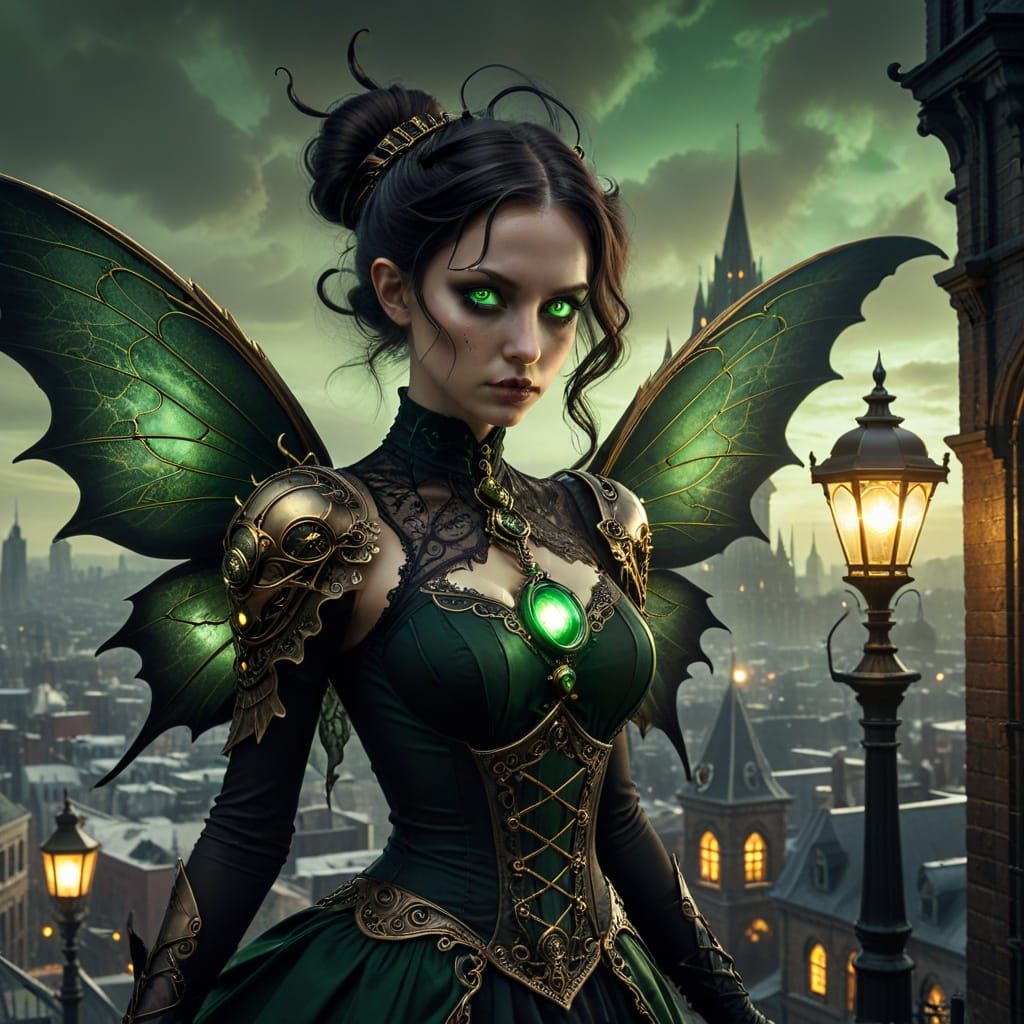 Steampunk Fairy in Gothic City Under Attack