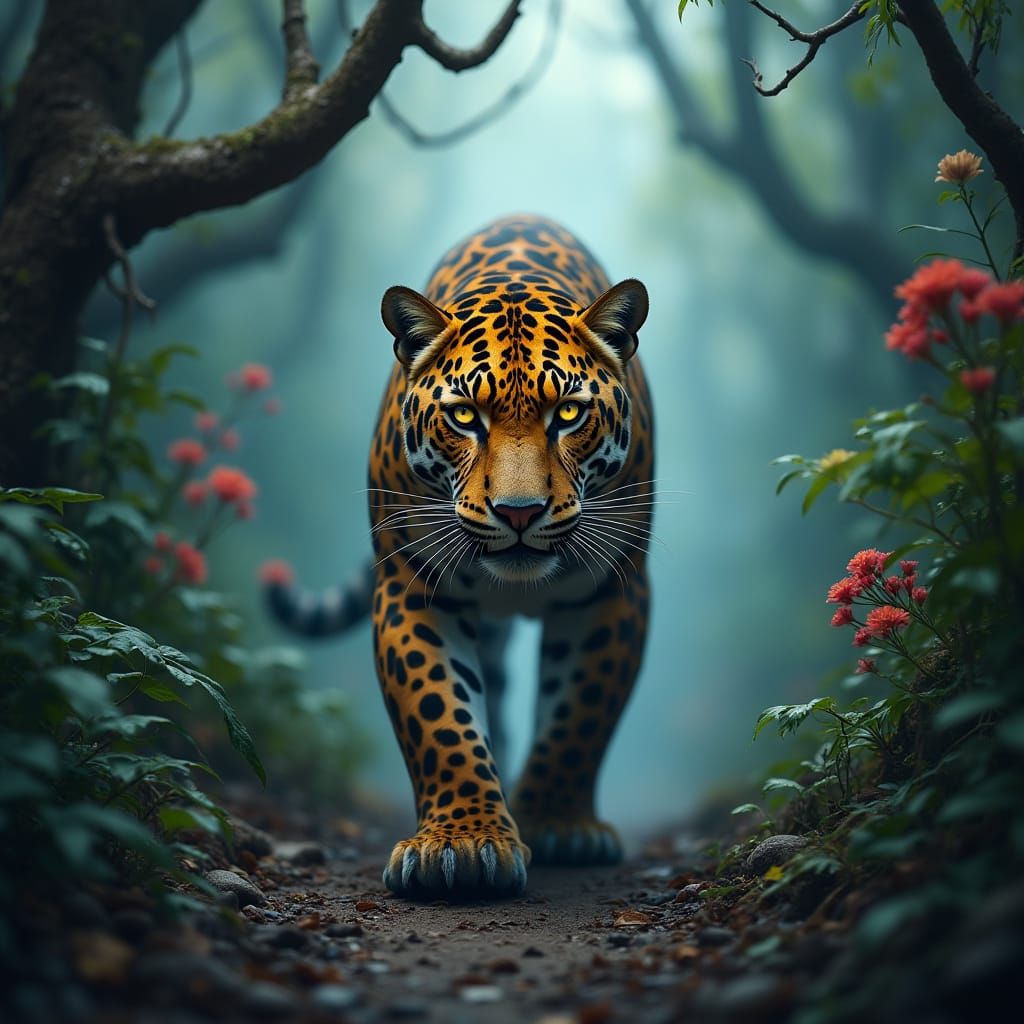 Jaguar Emerges from Misty Rainforest: Matte Painting