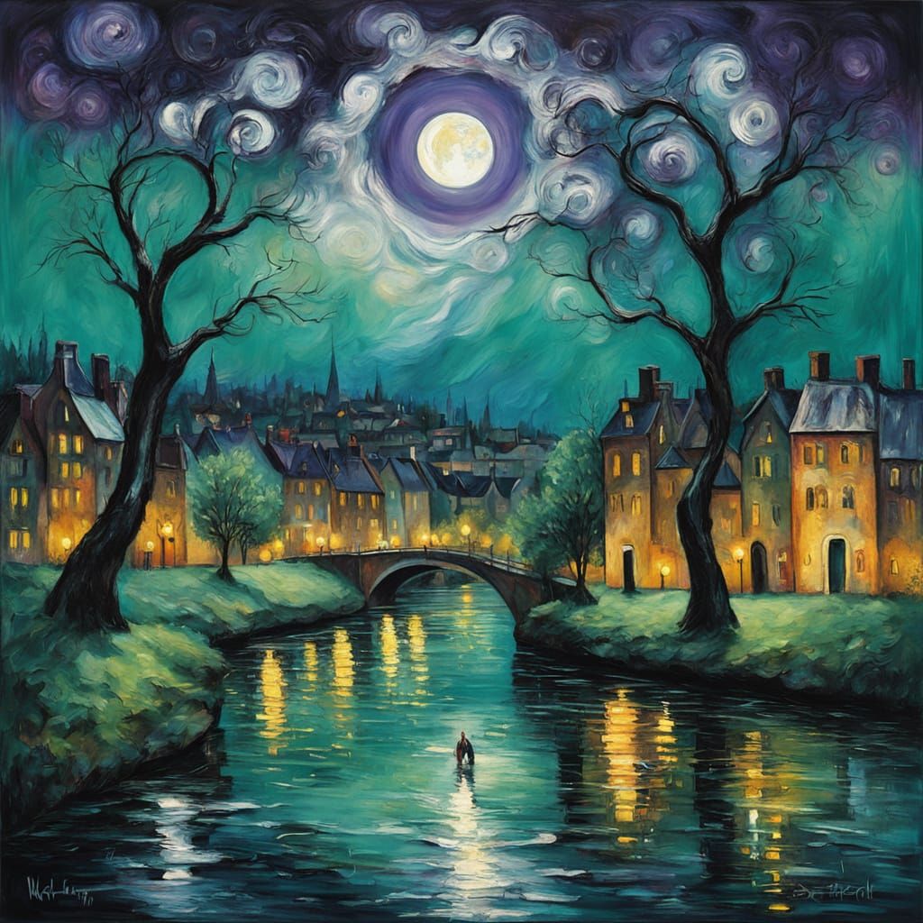 Moonlit Riverscape with Twisted Trees