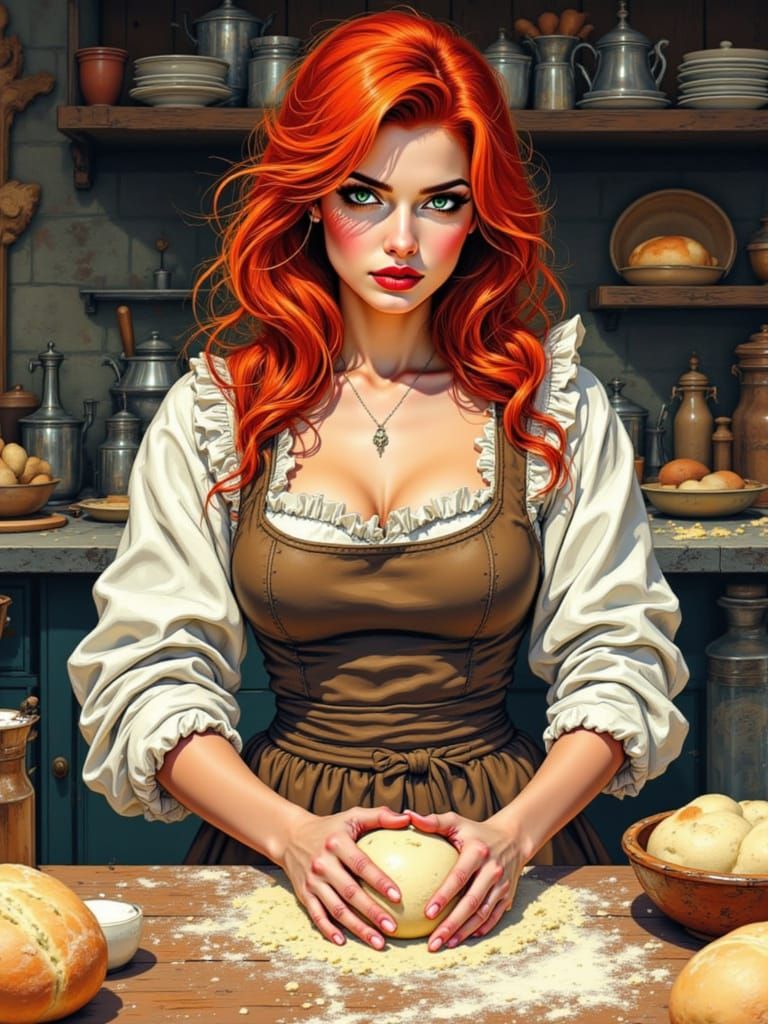 Redhead Baker Kneading Dough in 1500s Kitchen