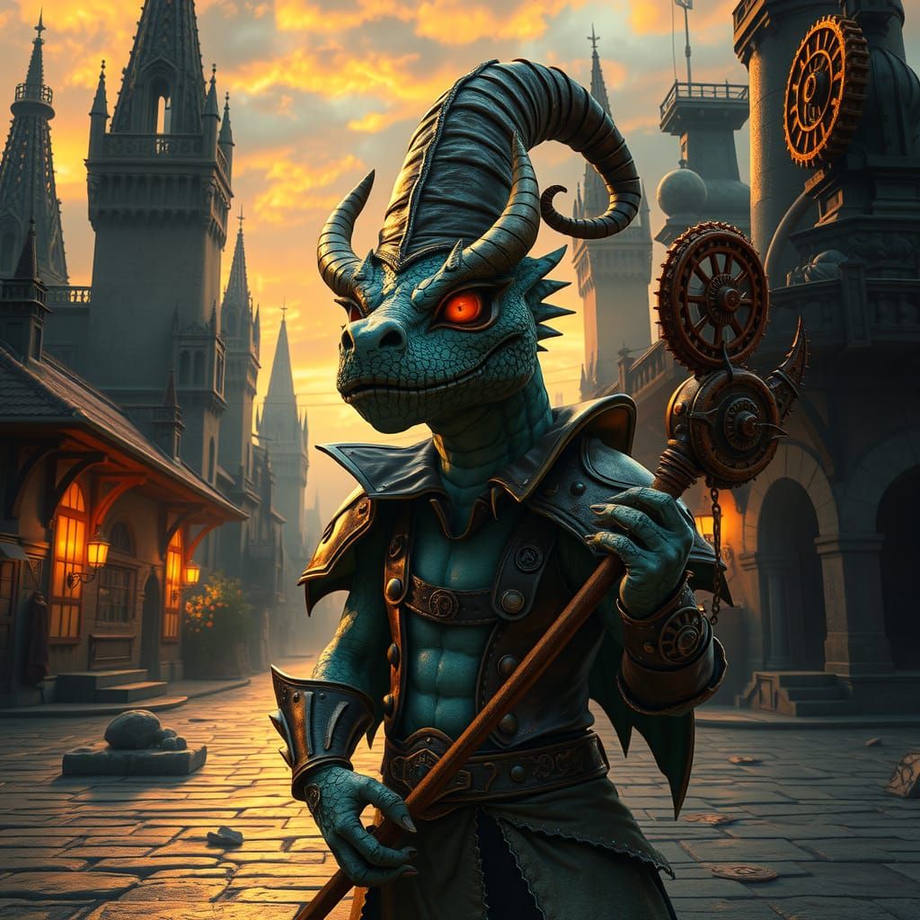 Dragon Jester in Ruined Plaza, Steampunk Style