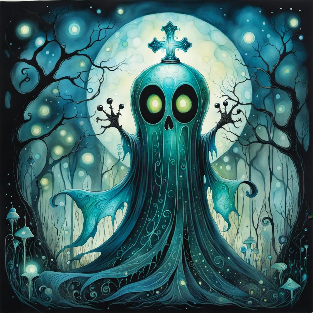 WHIMSICAL sheet ghost; contemporary art ; SPARKLING bioluminescent; Cross hatching ZENTANGLS; fantasy; alcohol ink; Gris...