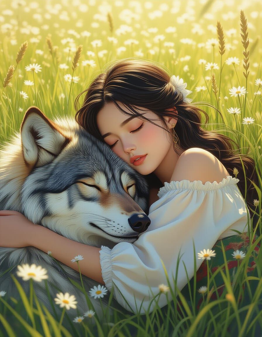 Woman and Wolf: A Fairytale Portrait in Hyperdetailed Style